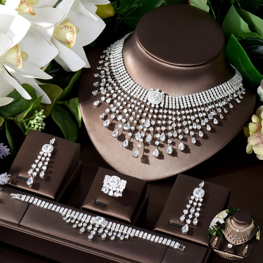 

HIBRIDE New Arrival Big Water Drop Jewelry Sets for Women Bridal Wedding Long Tassel 4pcs Earring and Necklace Sets bioux N-71