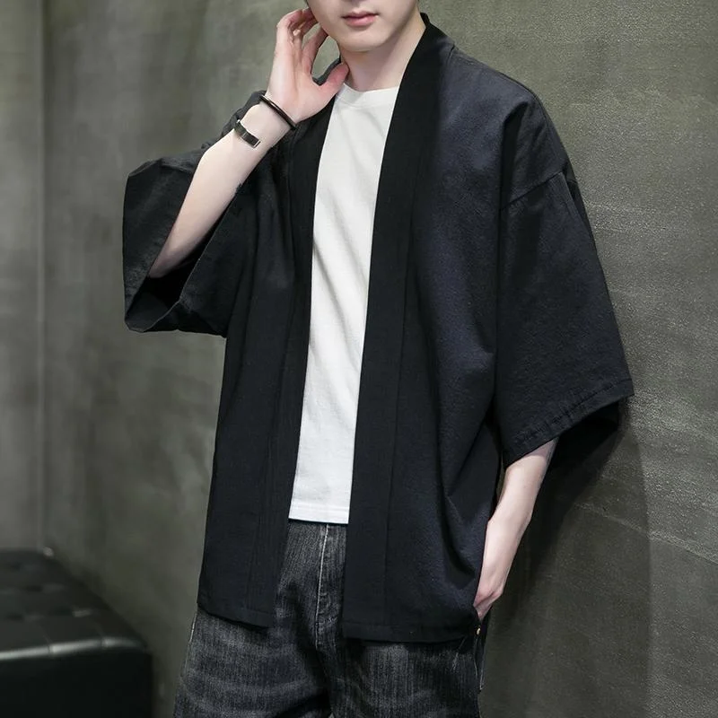 Kimono Solid Color T-shirt 3/4 Sleeve Open Front Cardigan Shirt Tops Asian Cloth Streetwear Men's Loose Coat