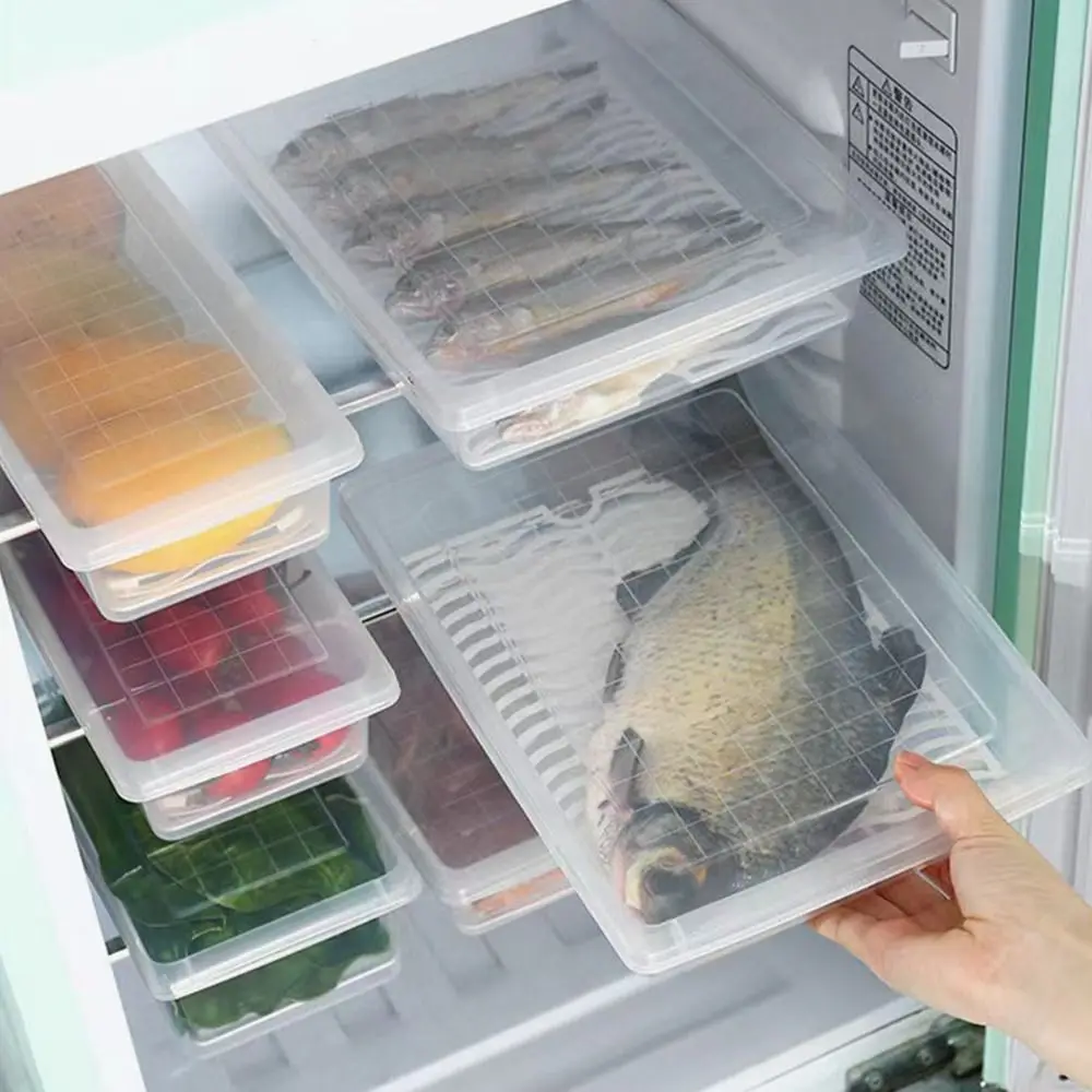 1Pcs with Lid Crisper Box Drain Layer Refrigerator Frozen Food Organizer Food Grade PP S/M/L Fish Meat Storage Box Kitchen