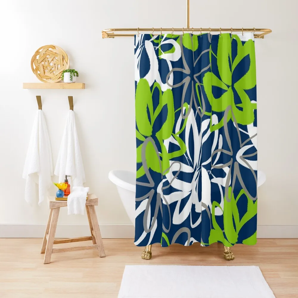 

Lotus Garden Painted Floral Pattern in Lime Green, White, Gray, and Navy Blue Shower Curtain Waterproof Fabric Bathroom Curtain
