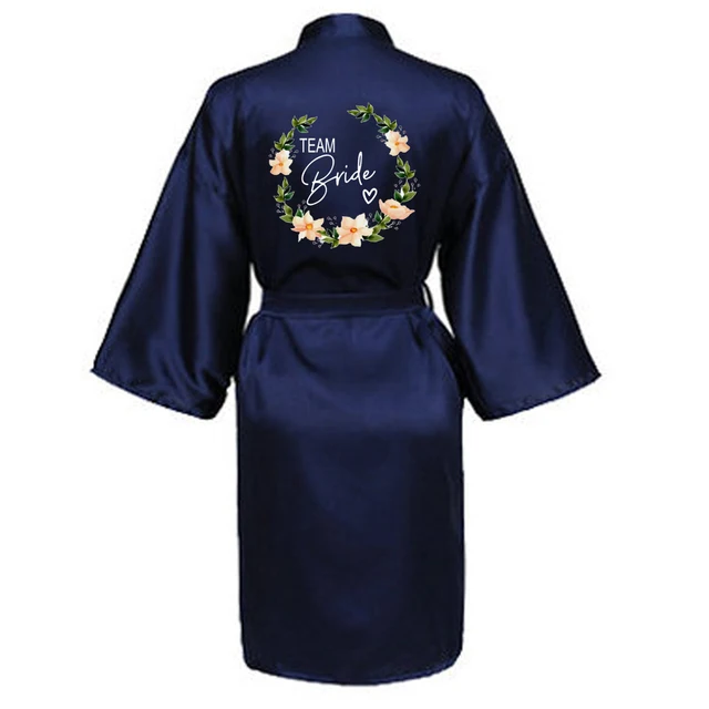 Wedding Party Team Bride Robe With Black Letters Kimono Satin Pajamas Bridesmaid Bathrobe SP003 Dark blue1