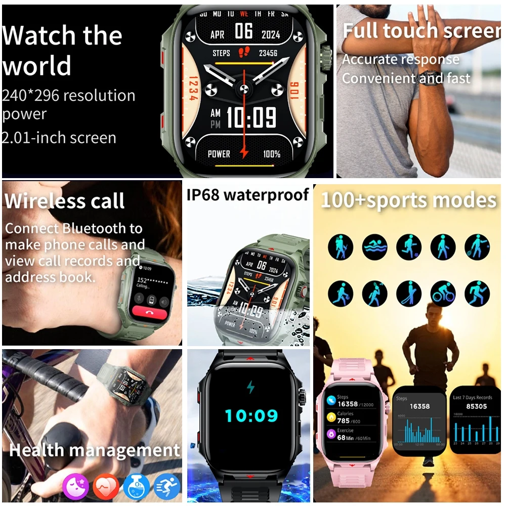 2026 New Outdoor Rugged Sports Men's Smartwatch IP68 Waterproof Watch 400 mAh Battery Smart Watch Android iOS