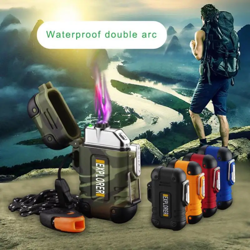 Outdoor Waterproof Lighter with Lanyard Portable Blue Flame Jet Lighter Butane Turbo Cigar Camping Wading Men's Gadgets