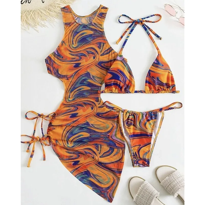 3 Piece Bikini Set for Women Padded Floral Print String Swimsuits Bathing Suit Sexy Cutout High Neck Mesh Beach Cover Up