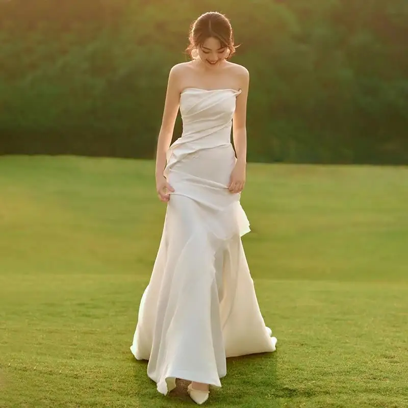 

Robes De Soirée New Mermaid Bride Dress Strapless Satin Lace Ruffles Vestido De Noiva Simple Wedding Dress Boho Bruidsjurk