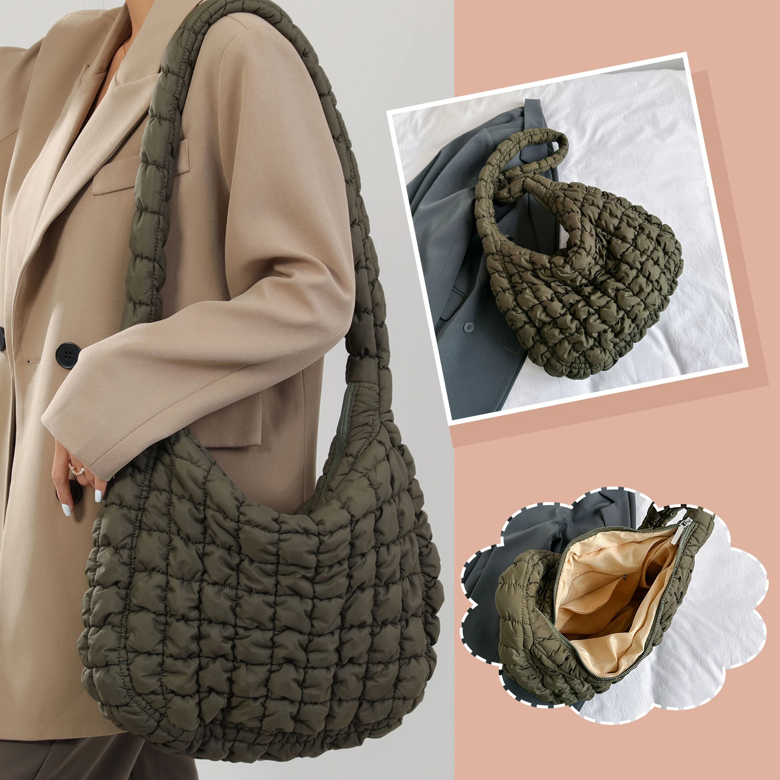 Nylon Quilted Crossbody Bag for Women Fashion Padded Shoulder Cloud Bag Large Pleated Tote Handbag Casual Shopper Messenger Bag