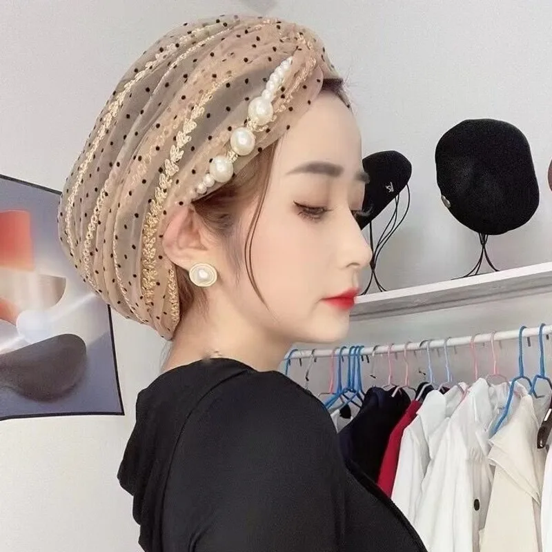Solid Color Islamic Head Wraps Hat Arab Headwear Bonnet Dubai Summer Muslim Women Beaded Mesh Hijab Indian Turban Cap 4
