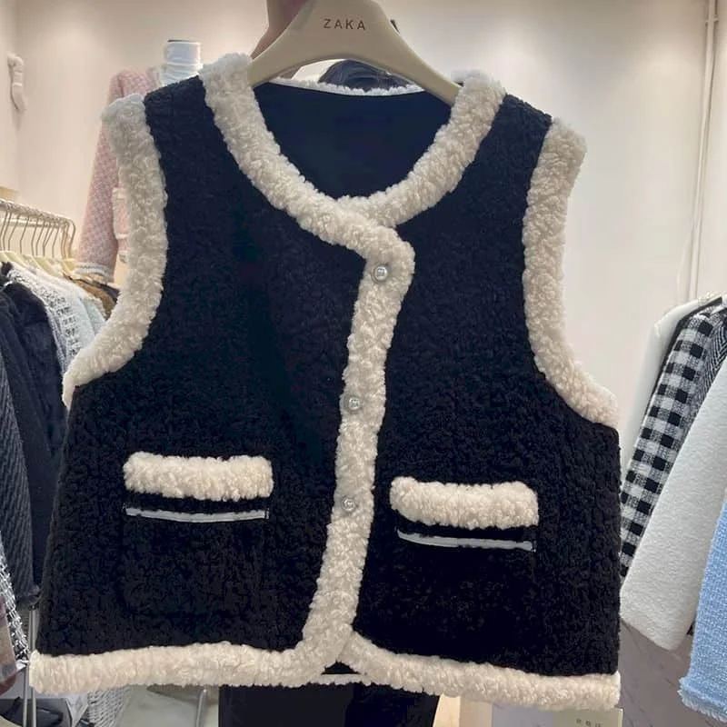 

Fleece Waistcoats for Women Plush Vests V-neck Casual Sleeveless Cardigans Oversized Winter Lambhair Jackets Loose Women Tops