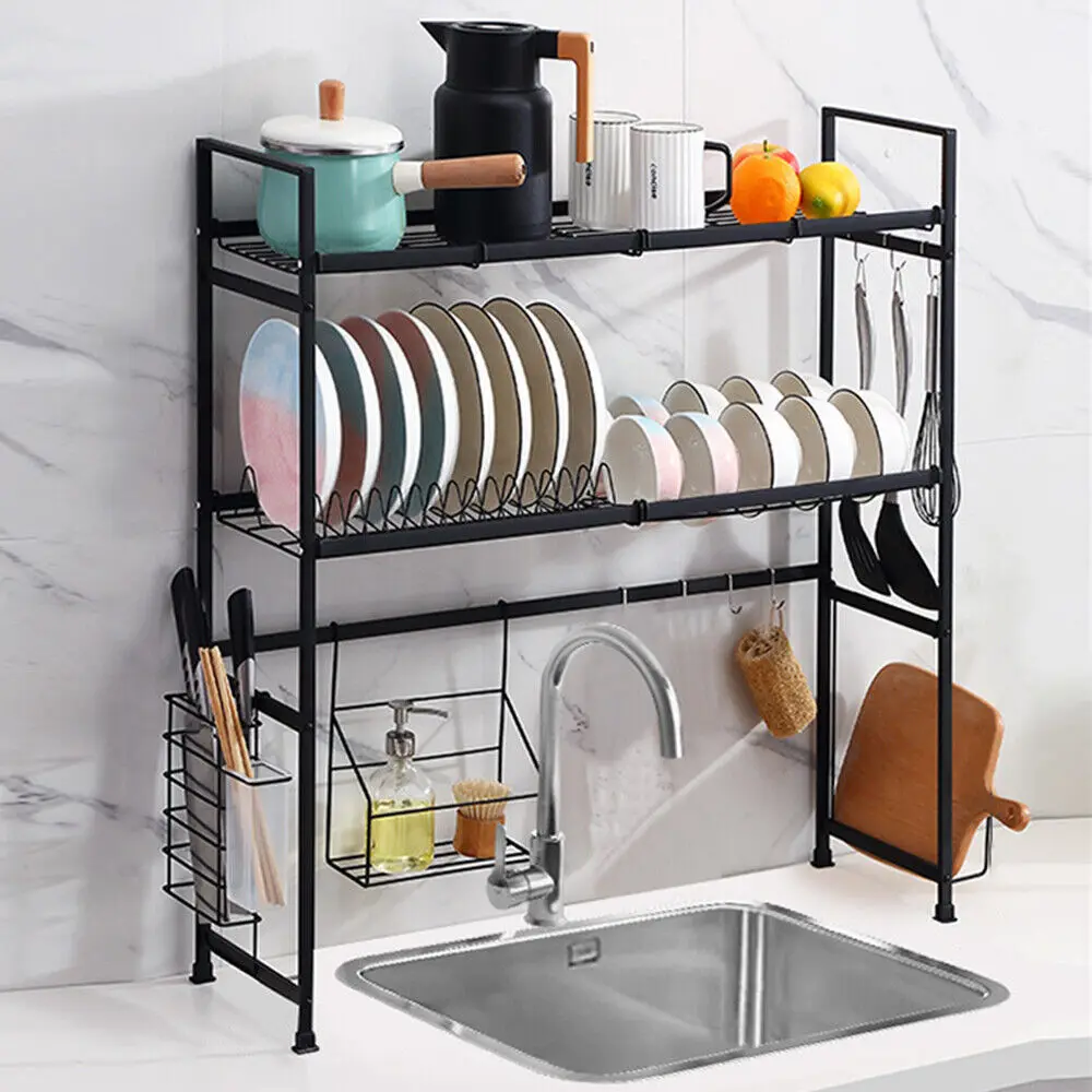 

2-Tier Over Sink Square Dish Drying Rack Kitchen Drainer Shelf Cutlery Holder
