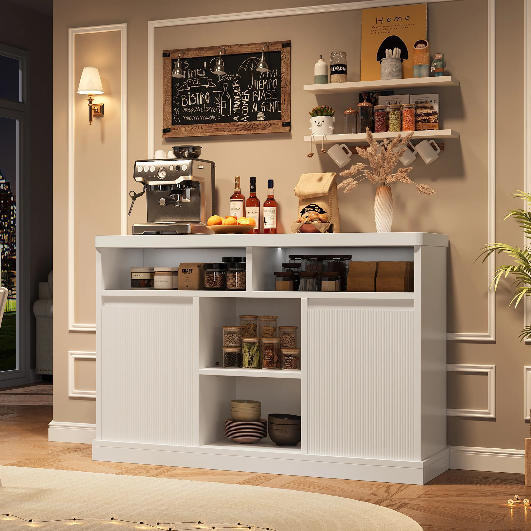 Sideboard Buffet Storage Cabinet with Fluted Doors, White Modern 47" Coffee Bar Cabinet for Living Room, Dining Room, Kitchen