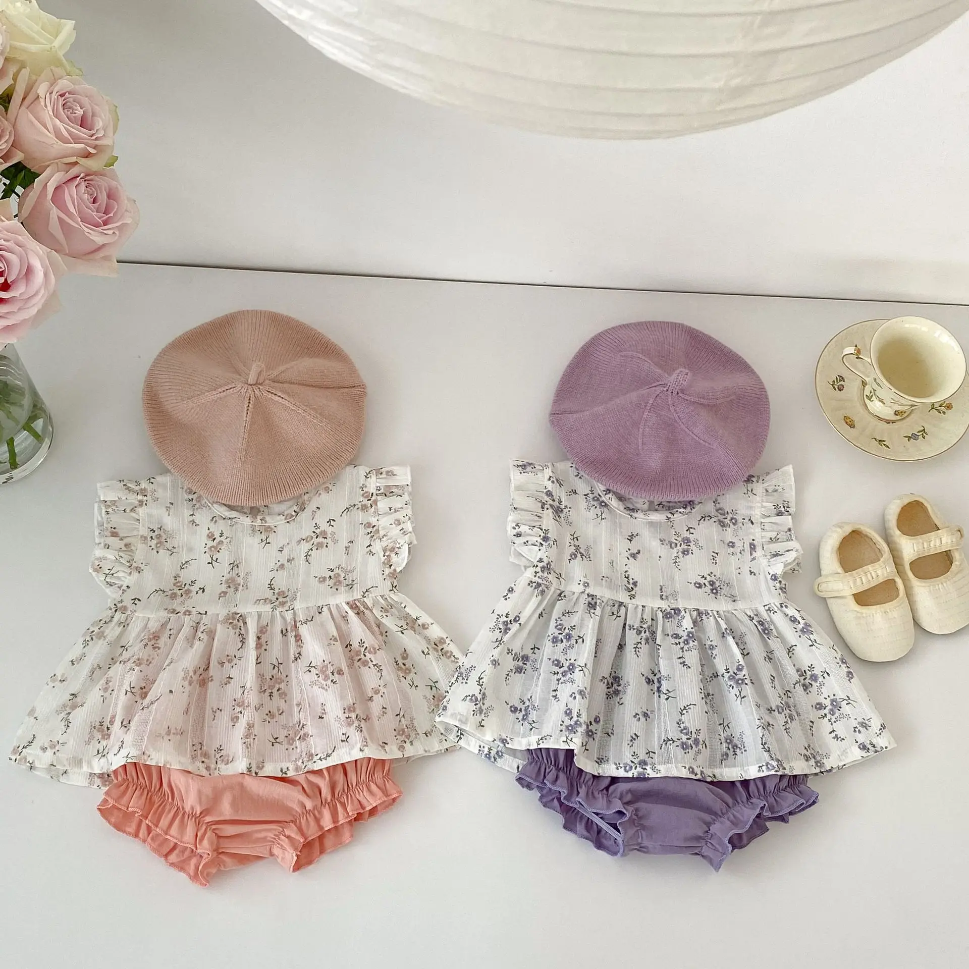 

Summer Newborn Girls 2PCS Fashion Flying Sleeve Flower Print Literary Vintage Baby Girls Tops Loose Infant Girls Riding Breeches