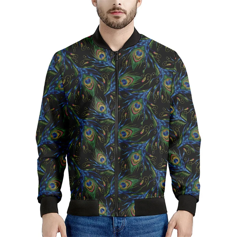 thumbnail image 1 of Chaqueta con cremallera y estampado de plumas de pavo real para hombre, moda floral 3D, mangas largas, informal, holgada, chaqueta, abrigo, ropa de calle, 1 of 5