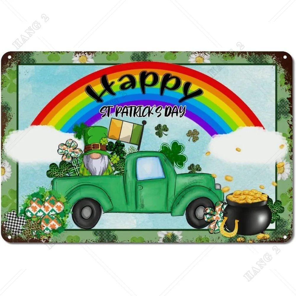 

St Patrick's Day Metal Signs Gnomes Truck Leaf Rainbow Vintage Tin Sign Home Decor Wall Plaque for Garage Pub Restaurant Gift