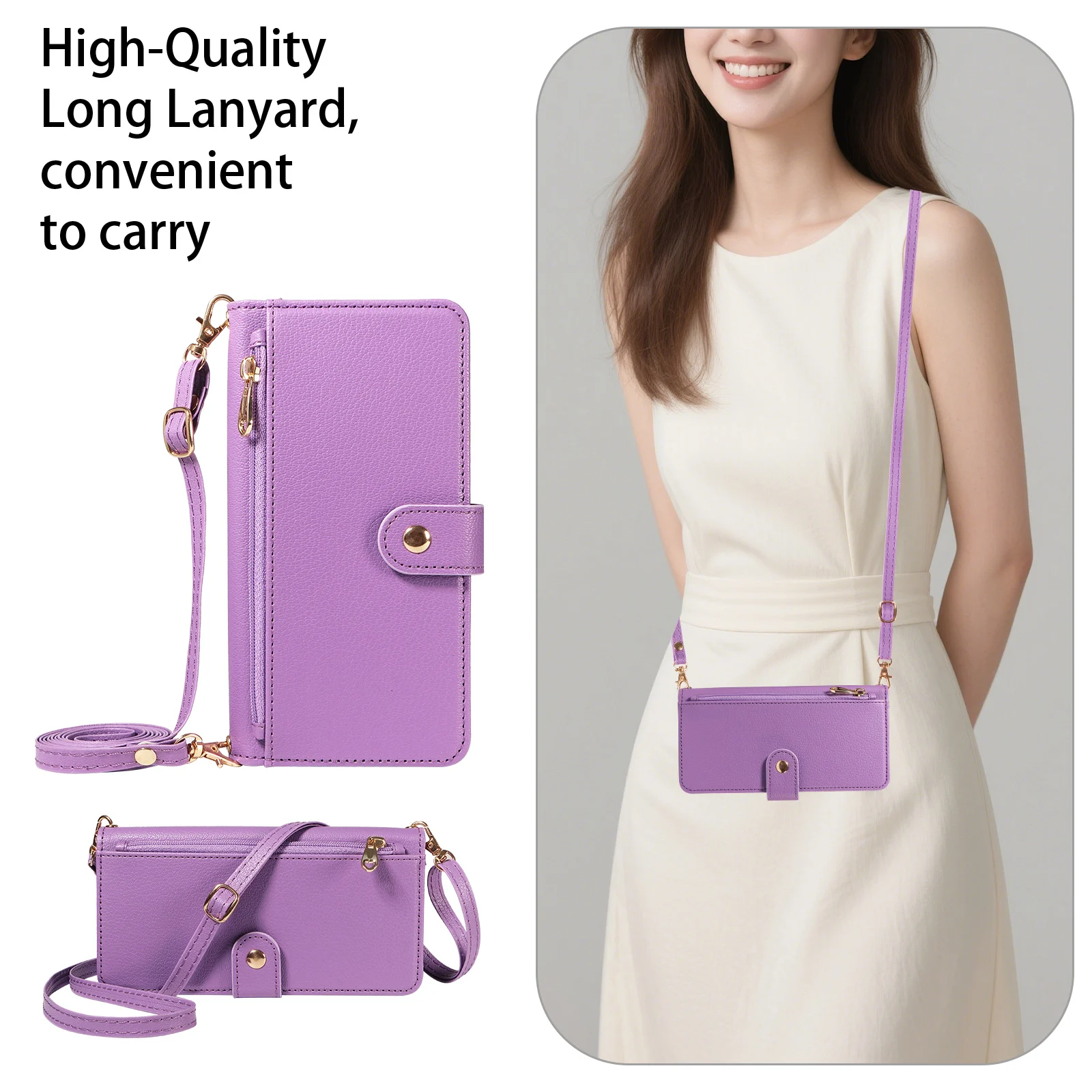 Women's Faux Leather Crossbody Protective Case with Coin Purse, Multi-Card Slots, Mirror, and Makeup Holder