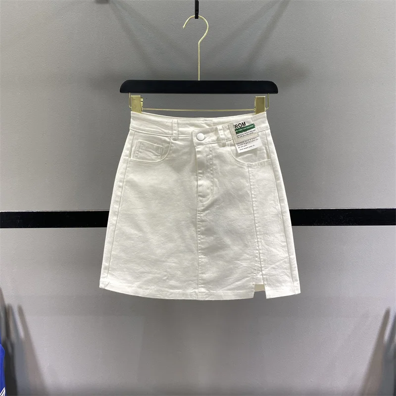 Korean Fashion Irregular High Waist Labeling Denim Skirt for Women 2023 Summer New Clothing Elastic Slim Split Hip Short Skirts