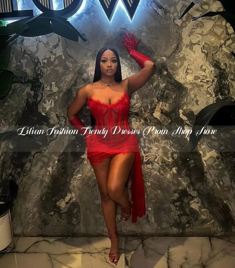 Red Lace Corset Cocktail Evening Dresses with Gloves Sweetheart Boning Birthday Party Gown vestidos de gala mujer Customised