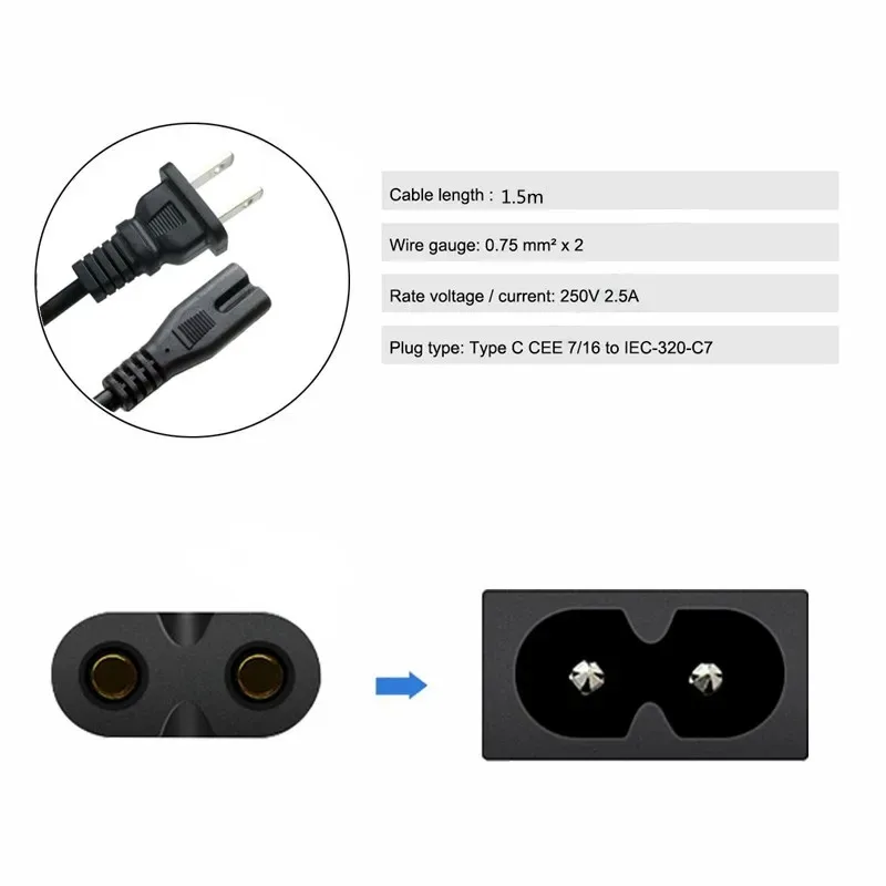 Woopker Eu Power Cord 2-Pin IEC320 C7 Power Extension Cord for Dell Laptop Charger Printer Radio Speaker PS4 XBOX LG