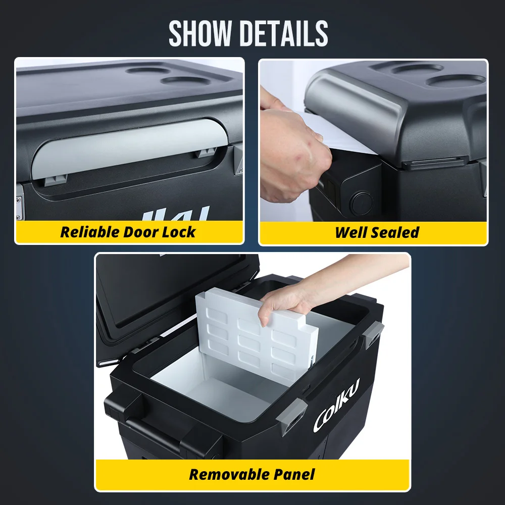 Mini Car Camping 12V Portable Electric Cooler Box Compressor Refrigerator 57L Freezer with Wheels and Pull Rod 6