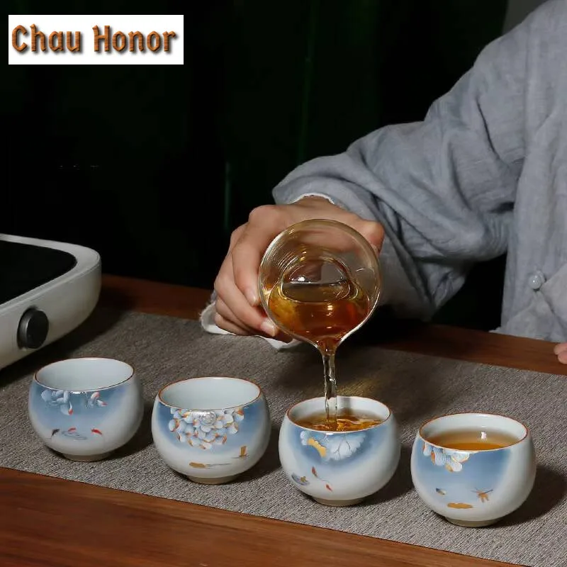 90ml Chinese Ru Kiln Ceramic Teacup Travel Meditation Cup Hand Painted Tea Bowl Kung Fu Teaset  Master Cup Home Tea Set Gift Box