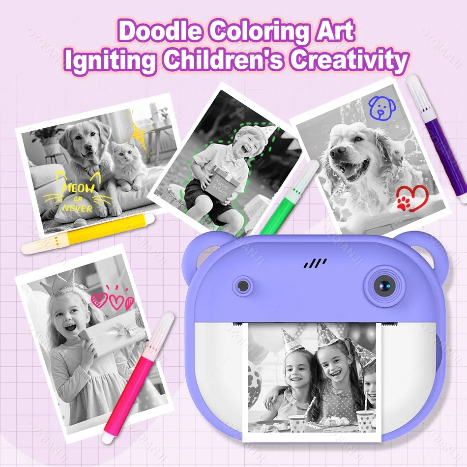 57x25mm 감열 사진 프린터 어린이용 디지털 카메라 즉석 인쇄 듀얼 렌즈 1080P 비디오 어린이 크리스마스 선물