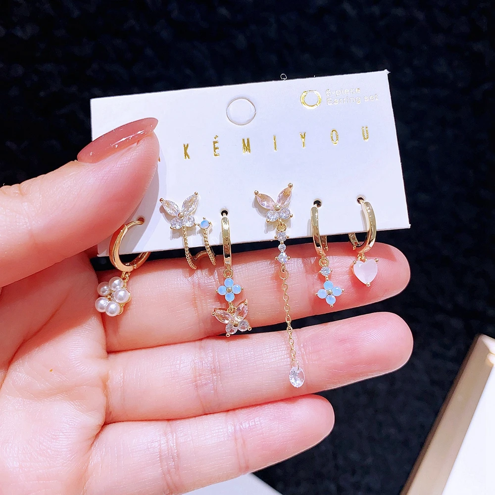 MIGGA 6pcs Pink Blue Cubic Zircon Butterfly Dangle Earrings Set for Women Luxury Mix and Match Party Jewelry 3
