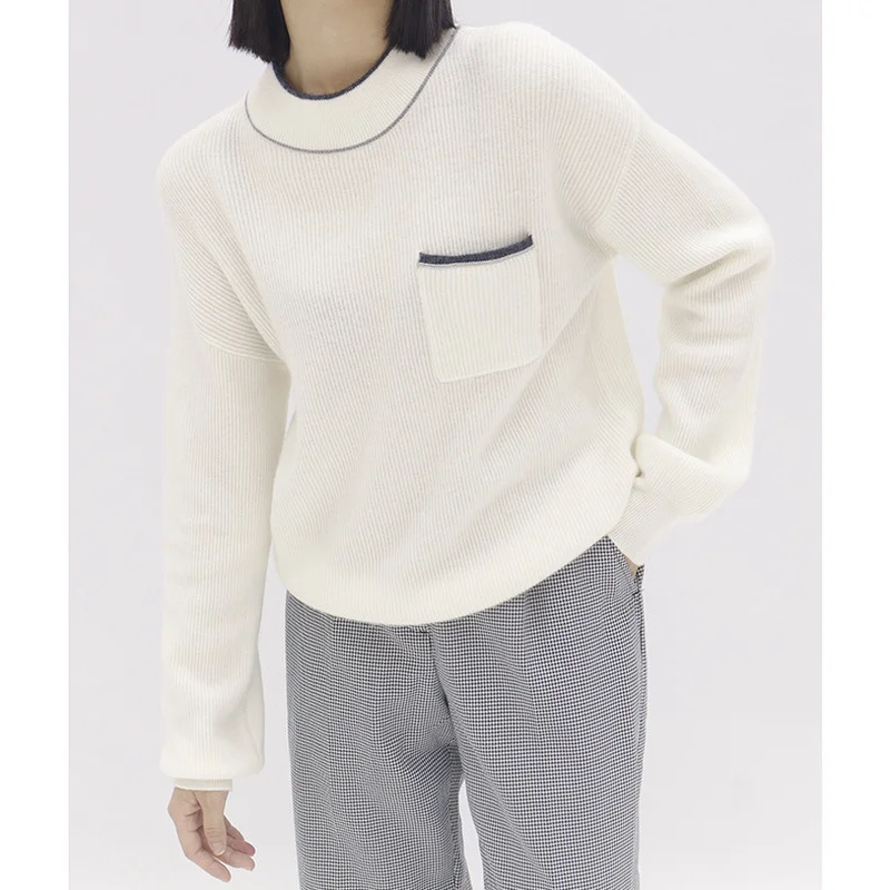 

2022 Autumn Half Turtleneck Long-sleeved Pocket Chain Cashmere Tops Round Neck Contrast Color Fashion Bottoming Knitted Sweater