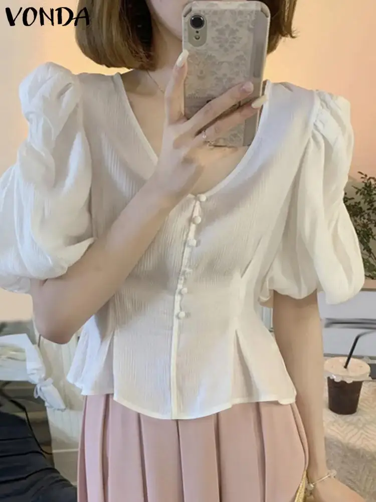 

Summer Tops Women Blouse 2023 VONDA Fashion Sexy Puff Sleeve Solid Color Shirts Female Bohemian V Neck Tops Femininas Blusas