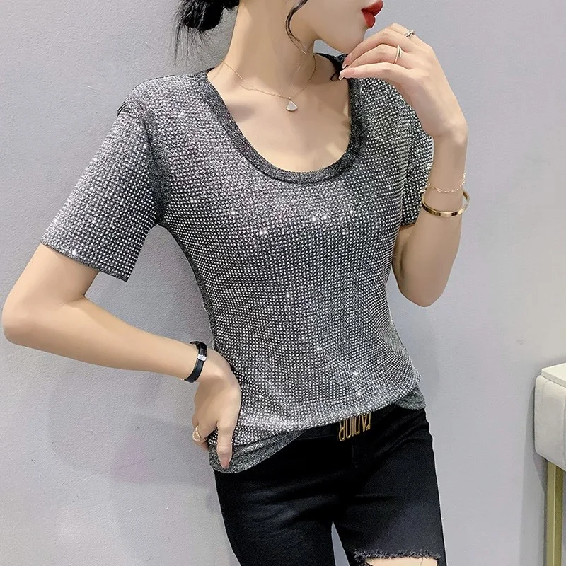 

#5251 Black Silver Shiny Diamonds Short T Shirt Female Summer Streetwear Hip Hop T Shirt Women O-neck Sexy Club Tee Shirt Femme
