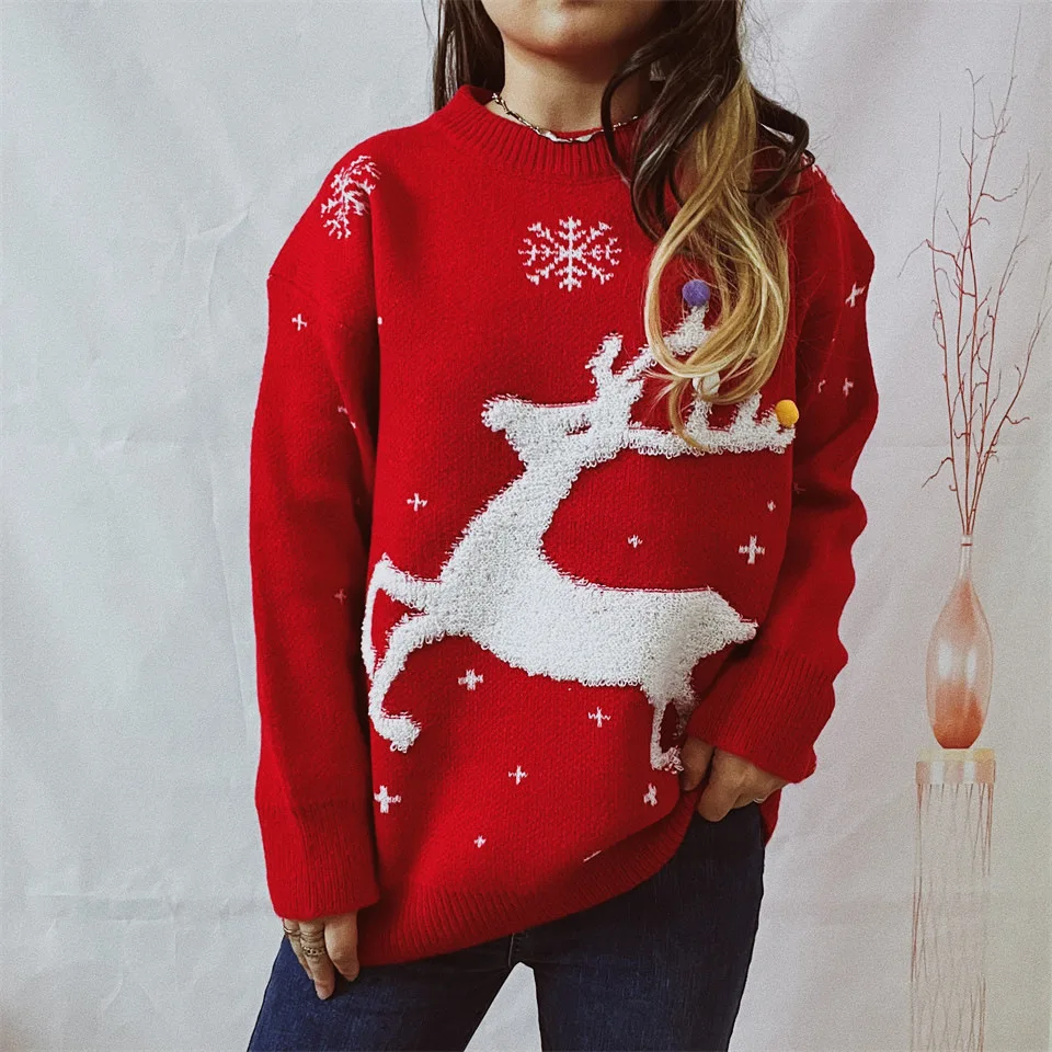 

2023 Autumn/Winter New Little Deer Snowflake Jacquard Ball Christmas Sweater Round Neck Knit Pullover