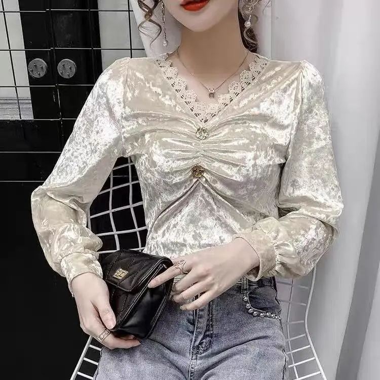 fine crafted gold velvet chest women s fashion office set basic korean slim fit suit open front pants street wear 2 pieces Winter Golden Velvet Fleece Warm Basic Shirts Pullovers Lady Design Pleated Stitching Chest Buttons Lace Trim Long Sleeve Tops