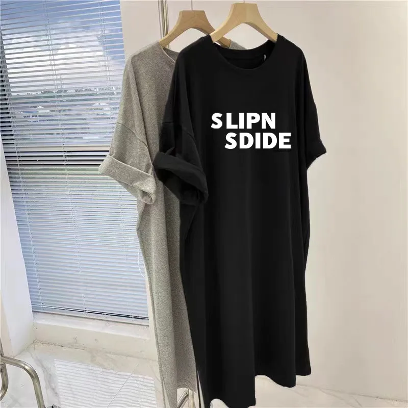 Dress Women 2025 Summer New Simple Letter Printed Casual Plus Size Loose Short Sleeved Dress