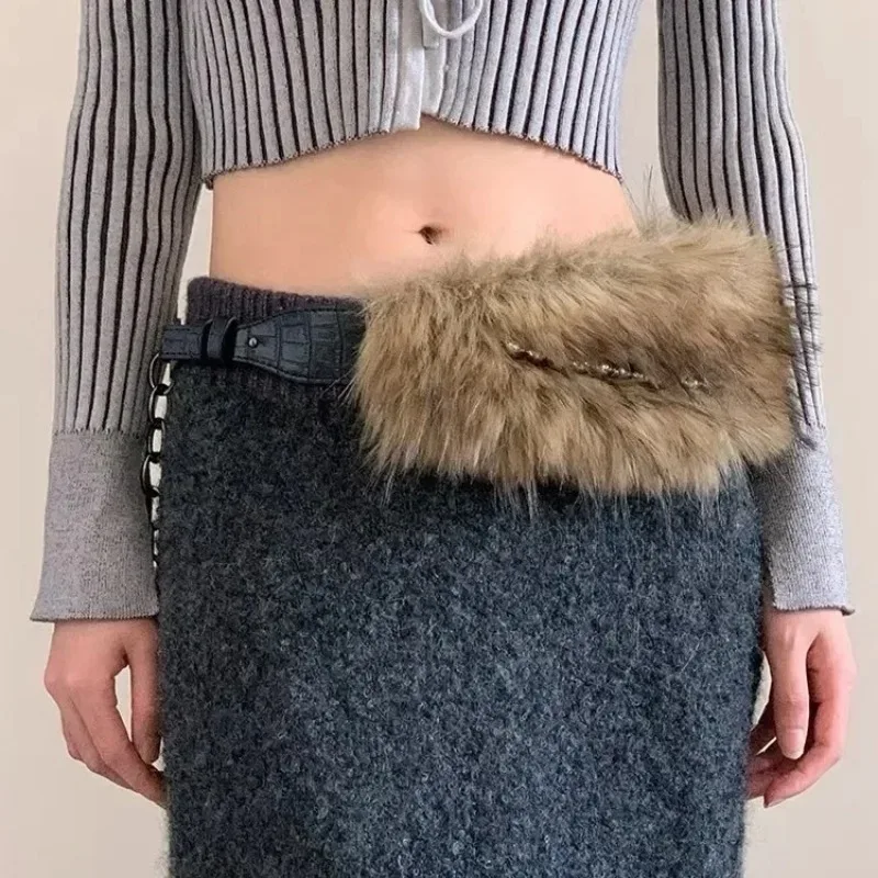 Neue frauen gürtel Vintage Faux Pelz PU Leder Gürtel Y2K Pelzigen Pelz Gürtel Cowgirl Gothic Punk Sexy Bund Jeans Hosen Dekor – Detail 4