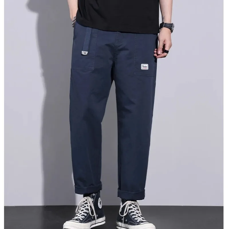 Men's Elastic Pockets Solid Bandage Shirring High Waist Leisure Sports Straight Leg Trousers Spring Autumn Office Lady Pants