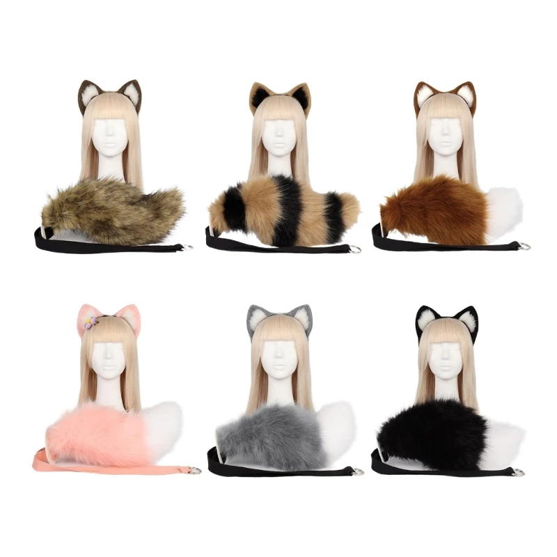 Foxes Ears and Tail Set Furry Foxes Ears Headband with Tail Halloween Cosplay Party Foxes Costume Accessories Kids Adult 449B hand made animal ears and tail set cosplay accessories lolita jewelry cat ears and cat tail set fursuit