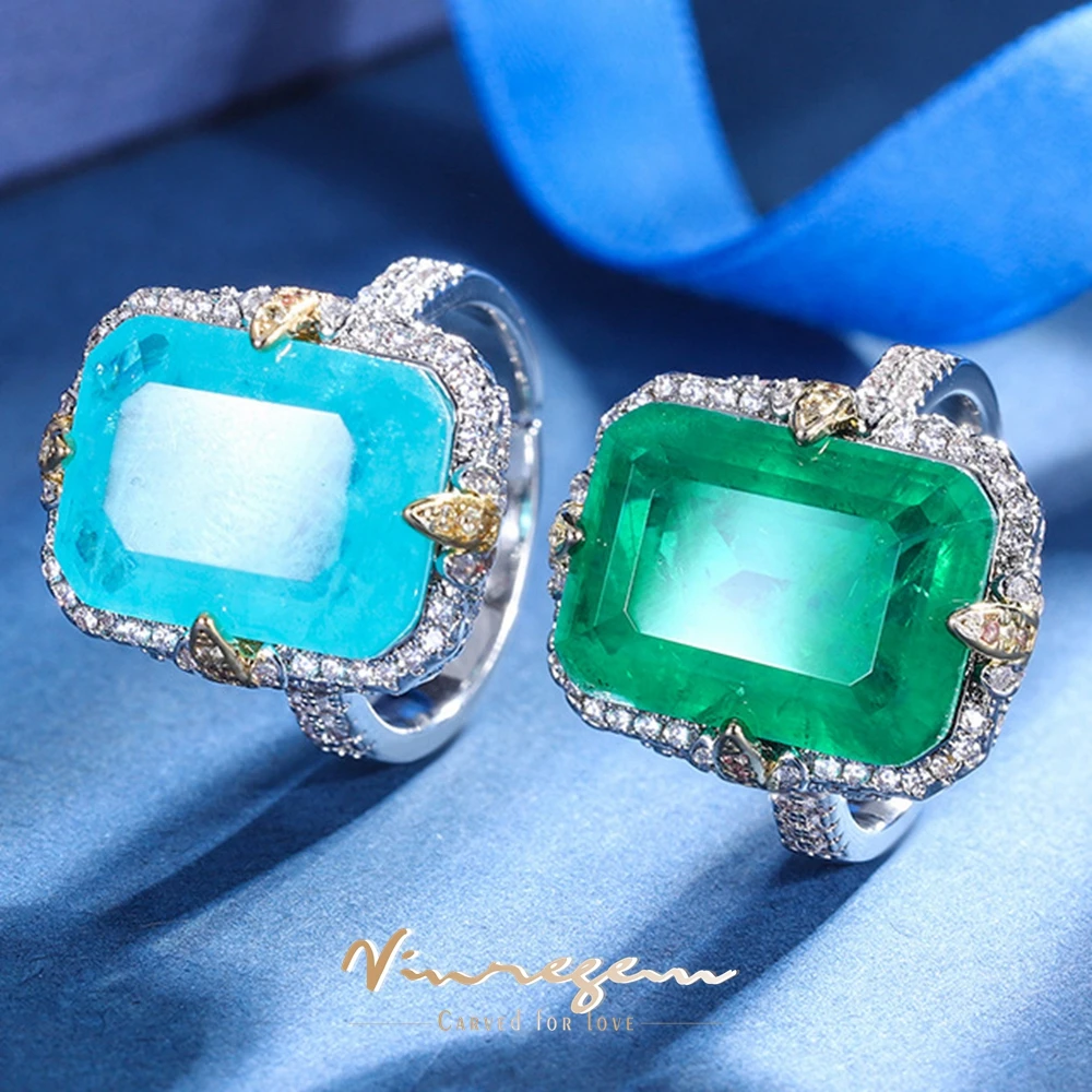 

Vinregem Luxury 12*16MM Lab Created Emerald Paraiba Tourmaline Gemstone Vintage Ring for Women Cocktail Fine Jewelry Wholesale