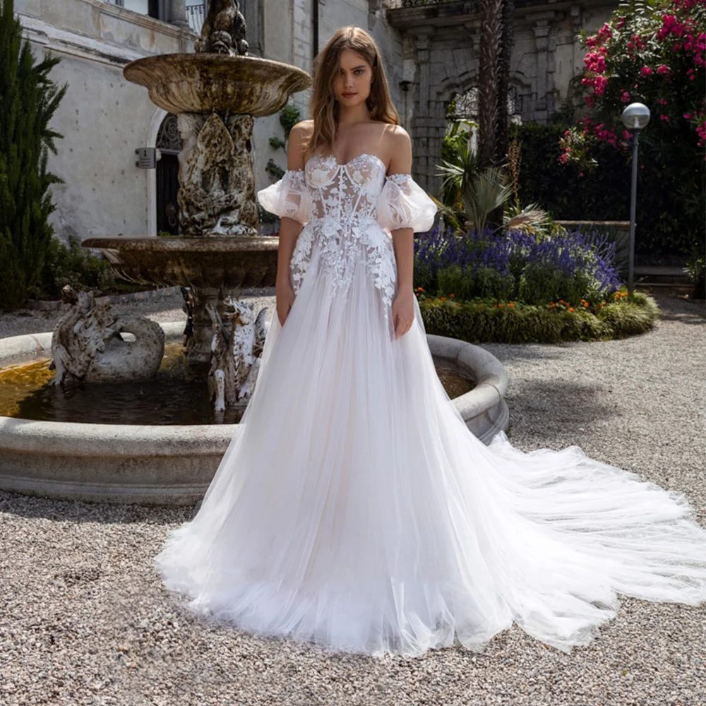 

Boho Sweetheart Tulle Wedding Dress Lace Applique Lantern Sleeve Beach Bridal Gown Backless A-Line Court Train Vestidos De Novia