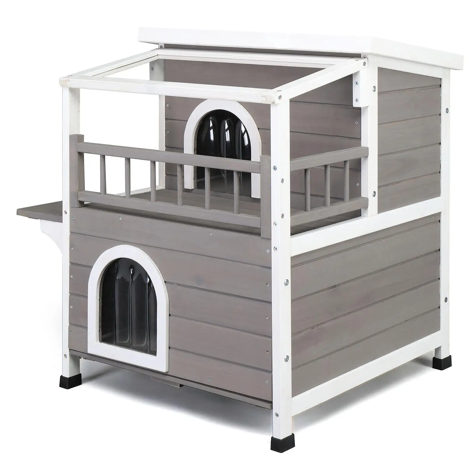 2-Story Luxury Wooden Cat House for Indoor/Outdoor Use-Weatherproof, Canopy, Balcony & Double Escape Door-Grey/White