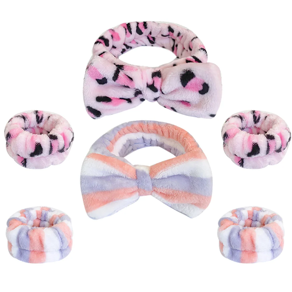 

2 Sets Bow Face Wash Headband Wrist Cuffs Wrist Towels Spa Makeup Headband
