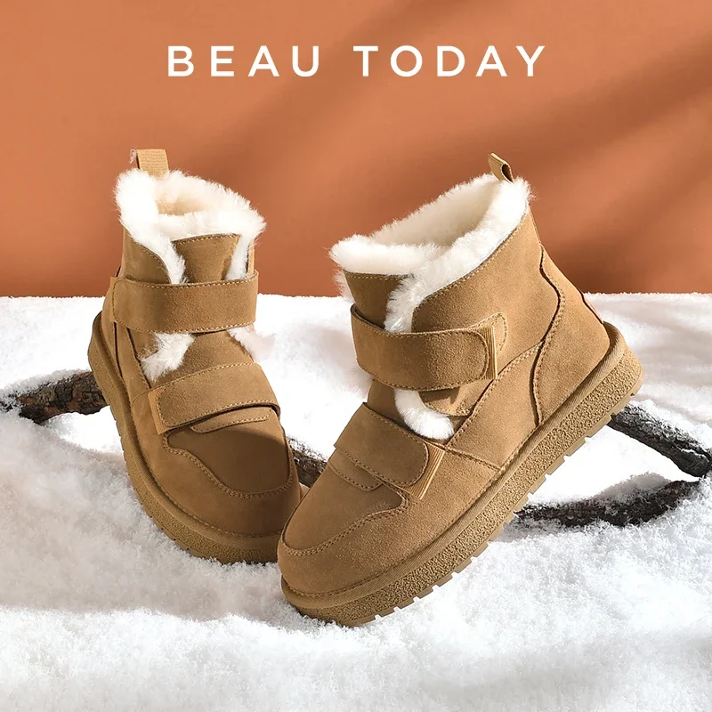 BEAUTODAY Snow Boots Women Cow Suede Furry Solid Color Round Toe Hook & Loop Flat With 2023 Winter Lasies Shoes Handmade 08042