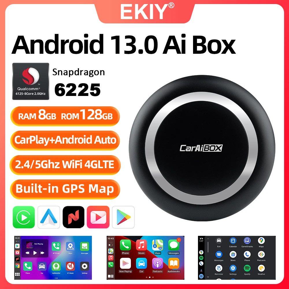 EKIY Android 13 SDM660 6225 CarPlay Ai Box LED 8-core