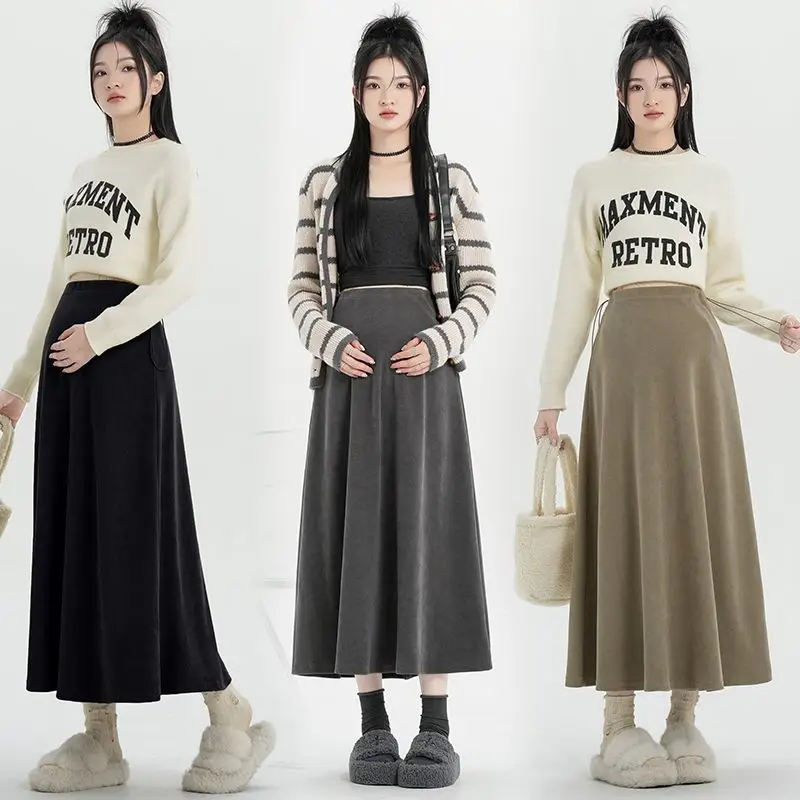 Good Quality Pregnant Woman Autumn Skirts Korean Style Drawstring Waist Fashion Maternity Long A-line Skirt Lady Umbrella Skirt
