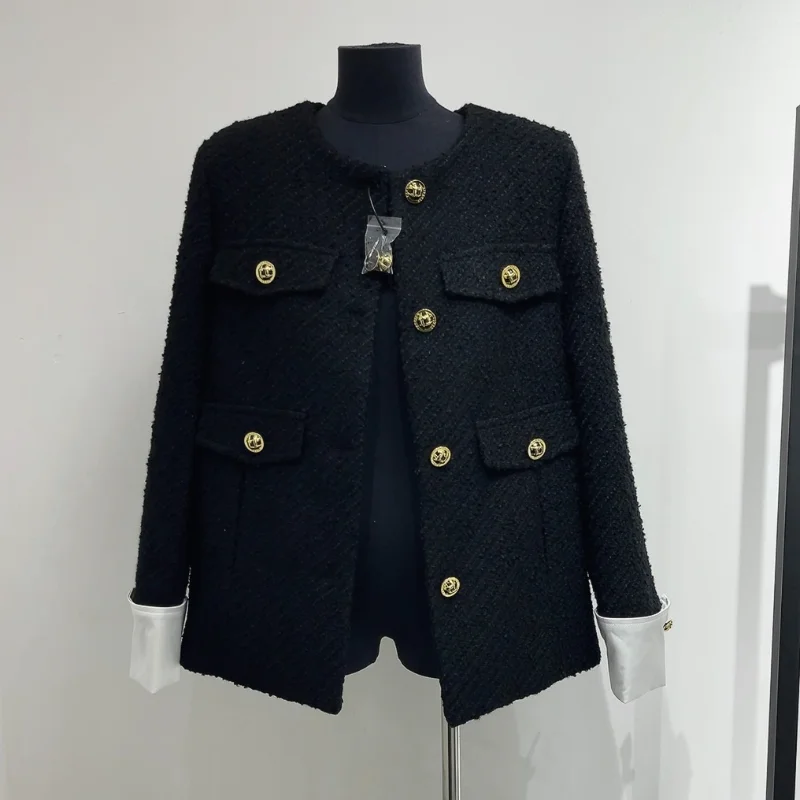 Women Chic Black Jacket Autumn Winter Simple Basic Small Fragrance Office High Quality Wool Tweed Casual Elegant French Coat