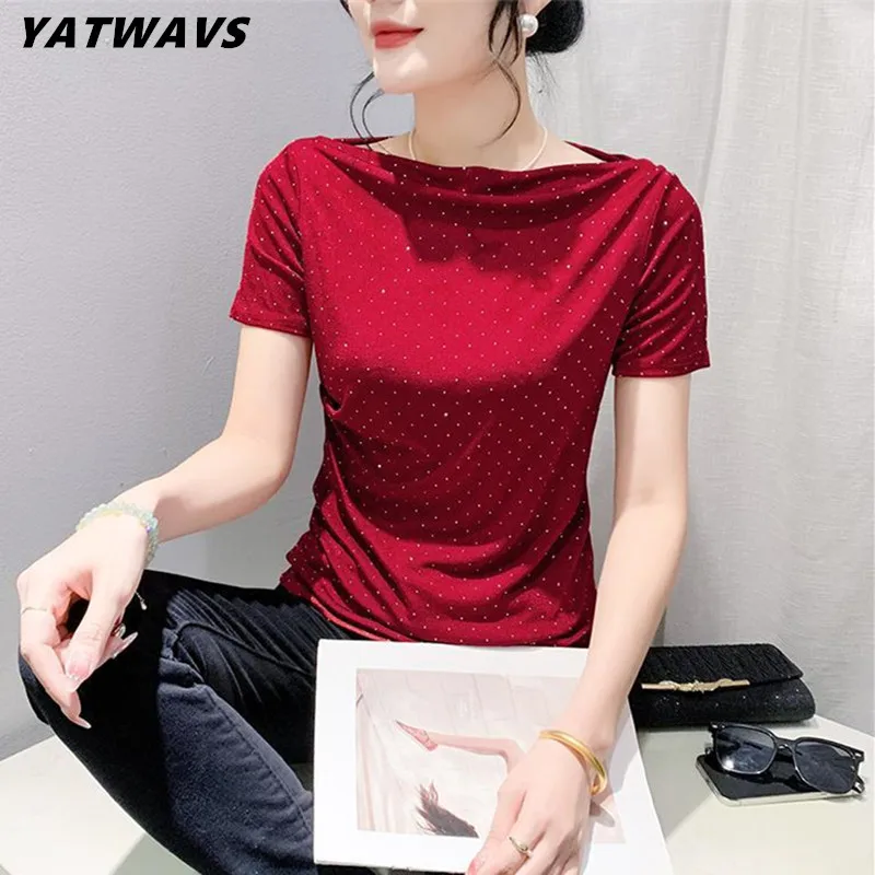 

S-4XL Summer European Clothes Mesh T-Shirt 2024 Women Sexy Chic Slash Neck Luxury Hot Diamonds Tops Short Sleeve Shiny Slim Tees