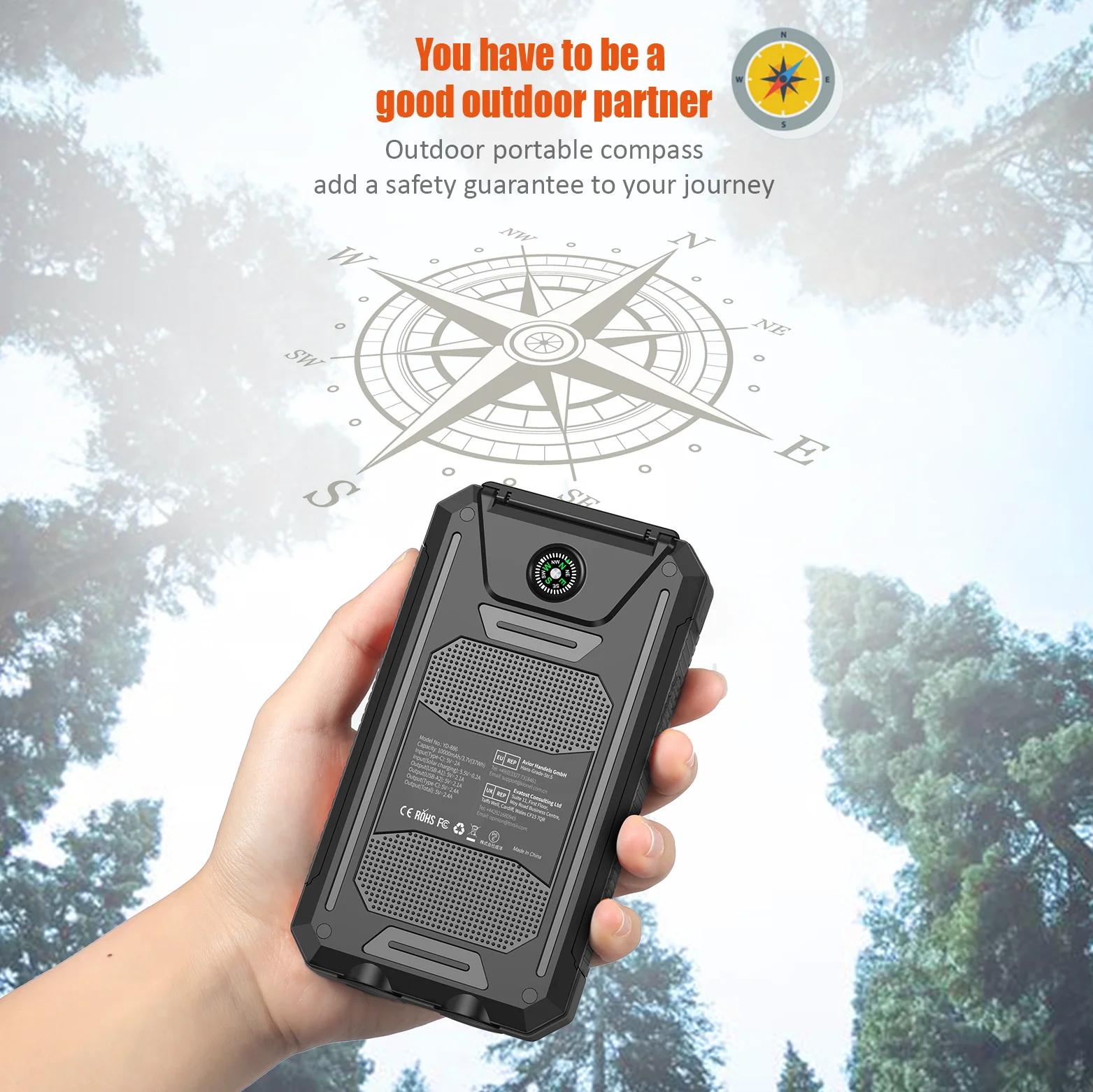 10000mAh Solar Charging Power Bank,Dual USB & Type C Output Port Multicharger Power Bank with Flashlight and Compass 5