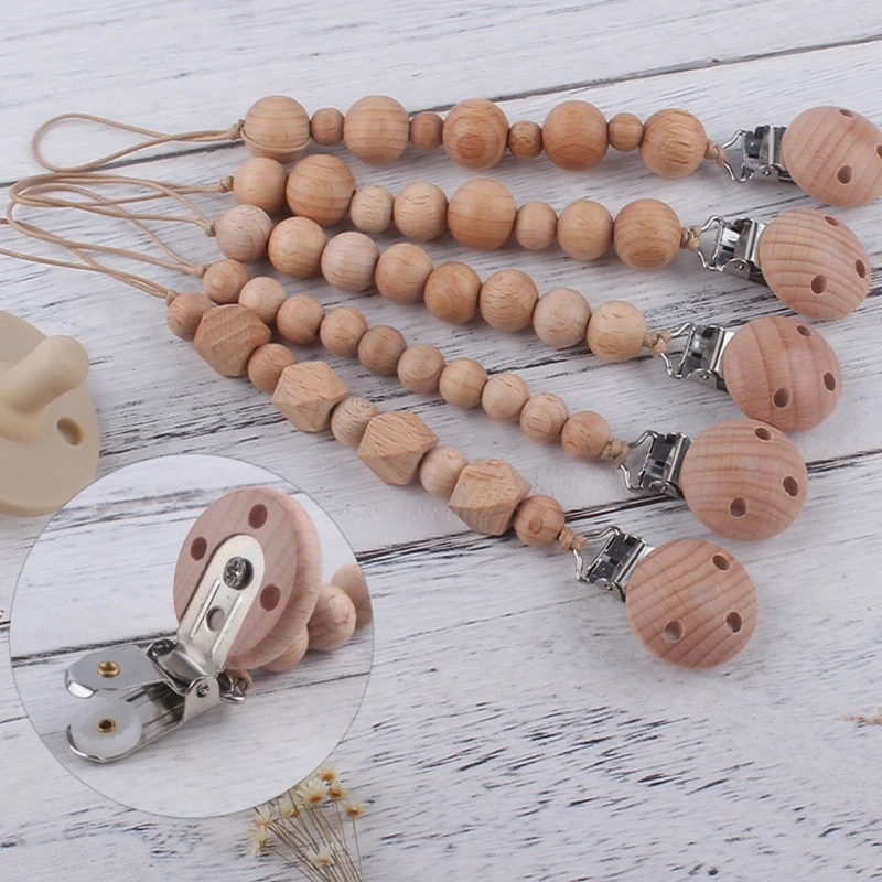 

Newborn Pacifier Clip Chain Beech Wooden Beads DIY Nipple Soother Holder Baby Teething Chewing Chain Clip