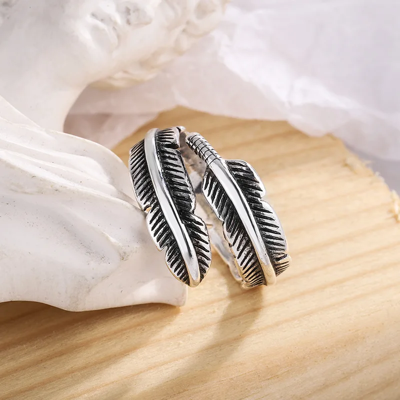 Retro Feather Ring Men Women SIlver Color Punk Gothic Open Ring Handmade Designer Jewelry Unisex Accessories Gift Couple finger ring,couples rings,opening ring