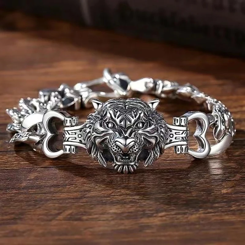 

Domineering Retro Tiger Head Bracelet 925 Silver Franco Link Chain 18/20/22CM Men Luxury Personality Party Jewelry Gift