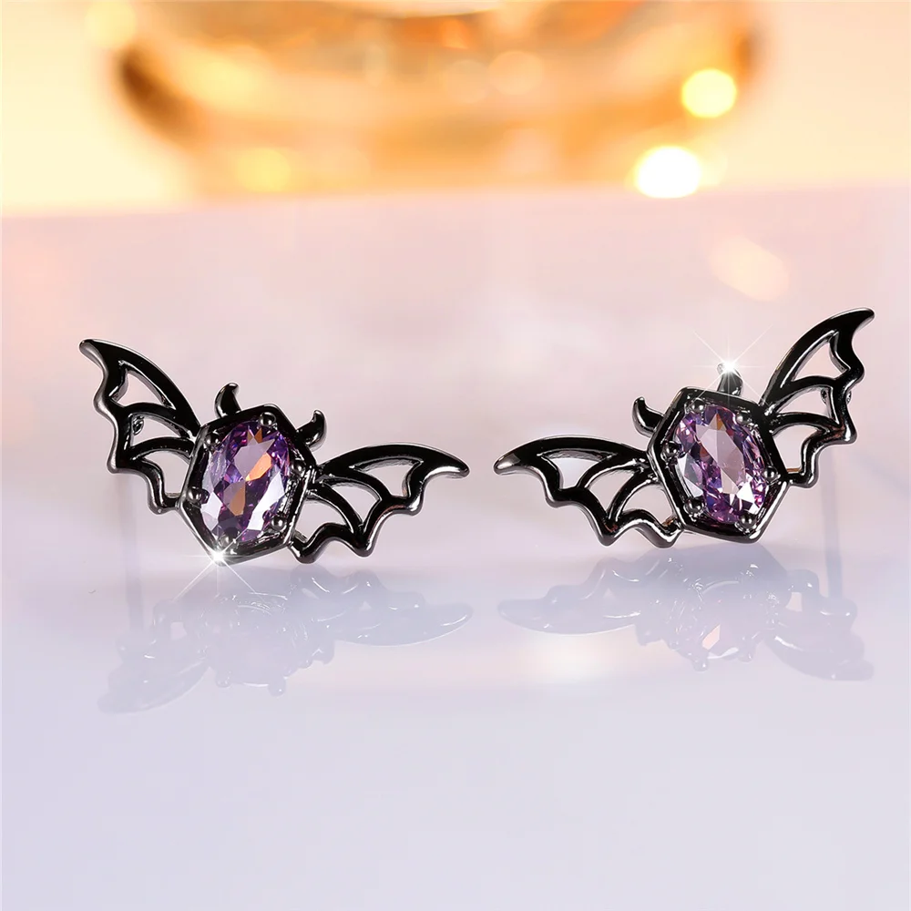 Cute Female Crystal Purple Zircon Stone Bat Animal Stud Earrings Black Gold Color Wedding Jewelry For Women