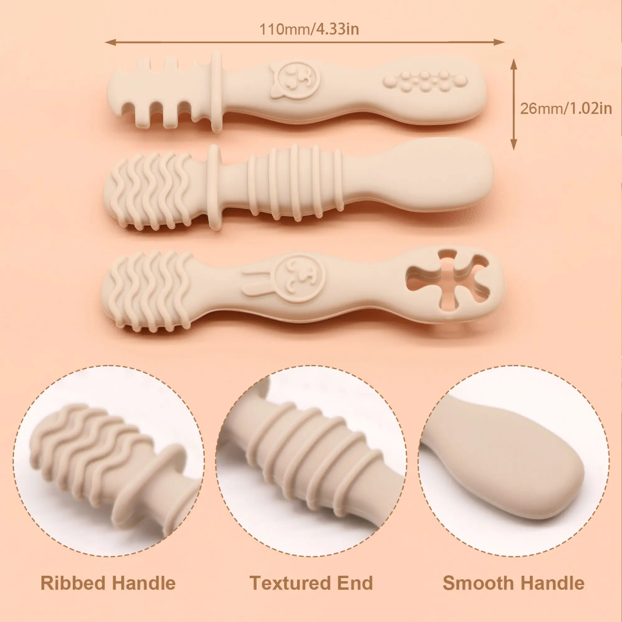 3-Pack Silicone Chewing Spoon Set, Easy to Grip, for Babies and Toddlers, Self-Feeding Utensils for Toddlers 6+ Months, Beige 4