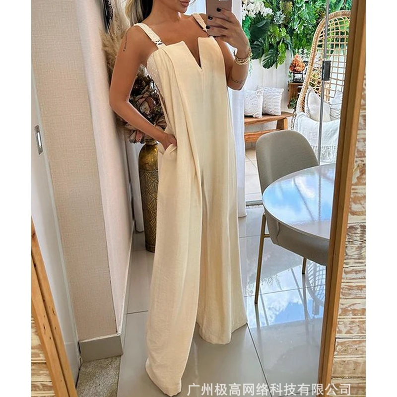 

New Spring Summer Pocket Design Wide Leg Asymmetrical Neck Jumpsuit Women Sleeveless Loose Overall Pants Jumpsuits